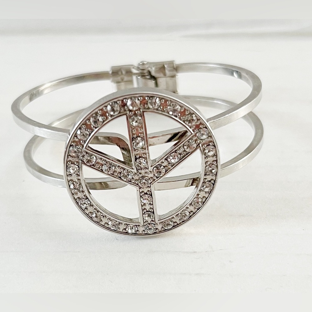 New Rhinestone Peace Sign Cuff Silver Tone